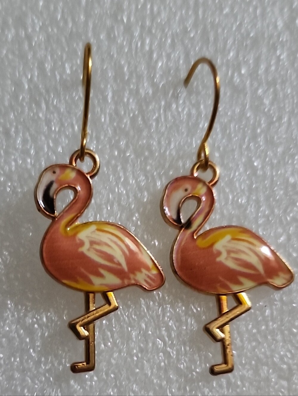 Hand Crafted Peachy Pink and Gold Flamingo Dangle Earrings